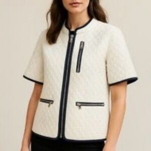 J. Crew White Quilted Short Sleeve Zip Up with Black Trim